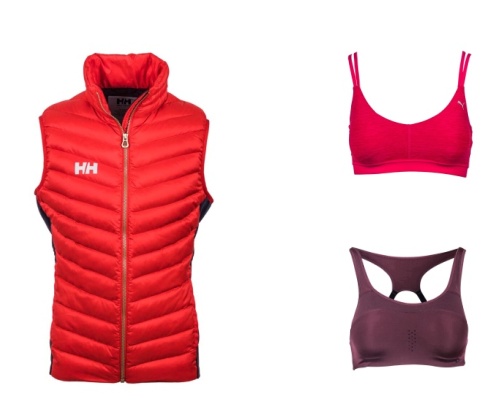 vesta Helly Hansen – pôvodná cena 212 € Outletová cena 91 €; podprsenka Puma ružová – pôvodná cena 43 €, Outletová cena 14 €; podprsenka Nike vínová – pôvodná cena 48 €, Outletová cena 32 €